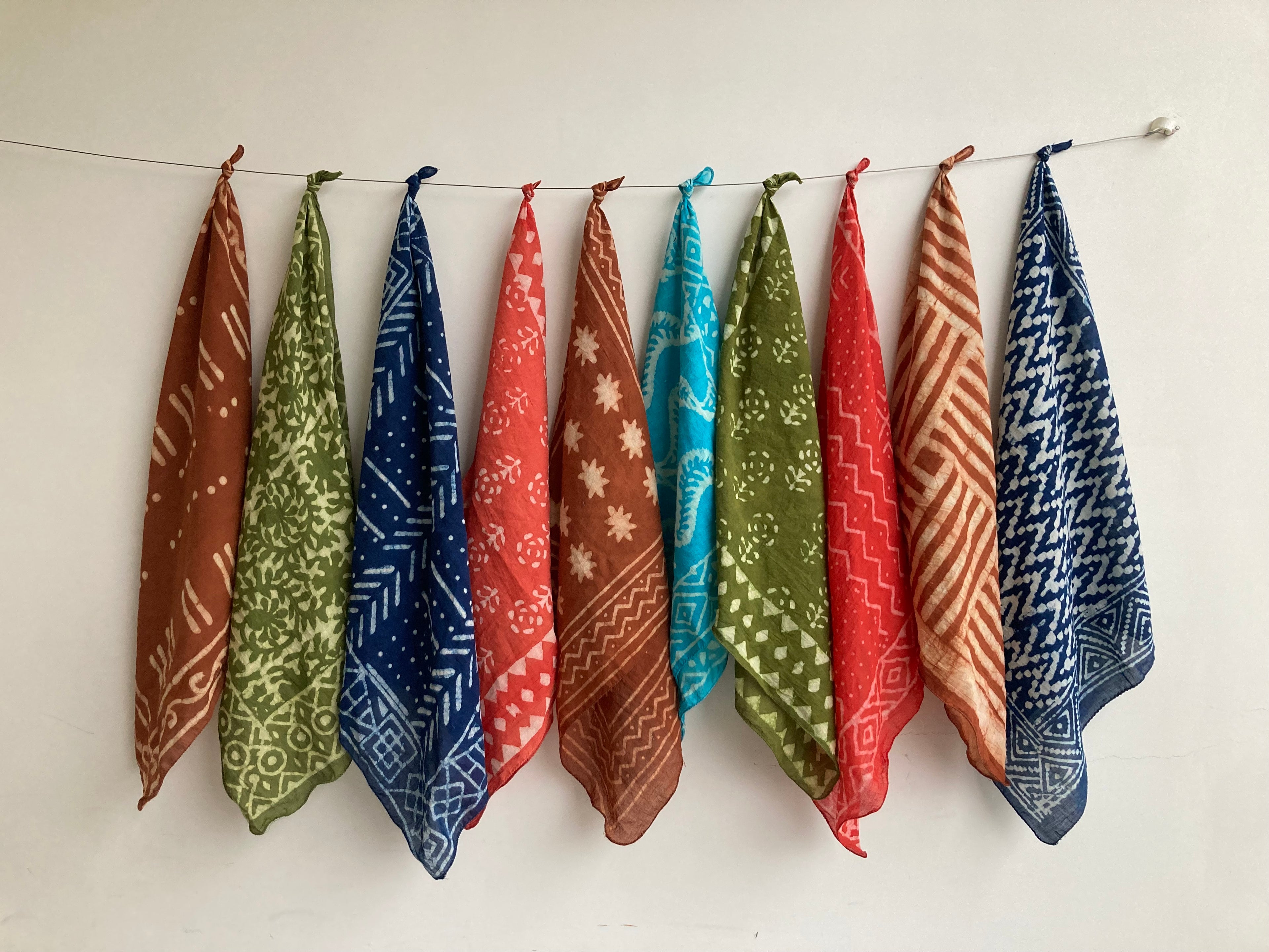 Hand Block Print Cotton Bandanas - Set of 10, Natural Dye