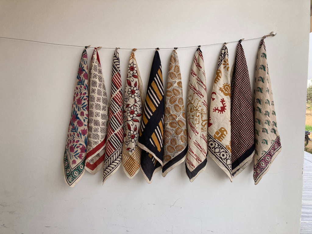 A Set of 10 Assorted Hand Block Printed Bandanas: Organic Cotton Scarfs (21x21" Inch)