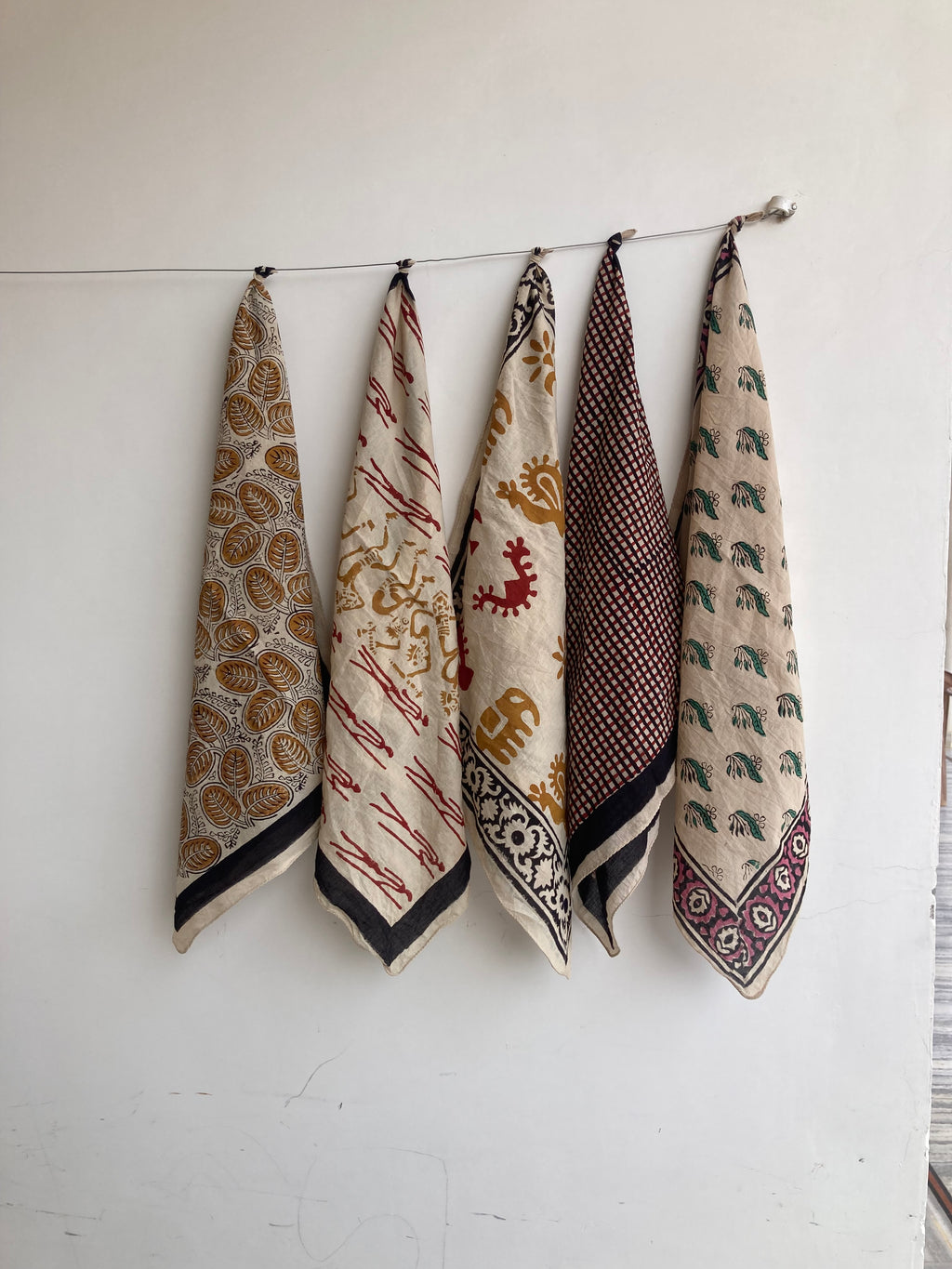 Hand Block Print Cotton Bandanas - Set of 5, Natural Dye