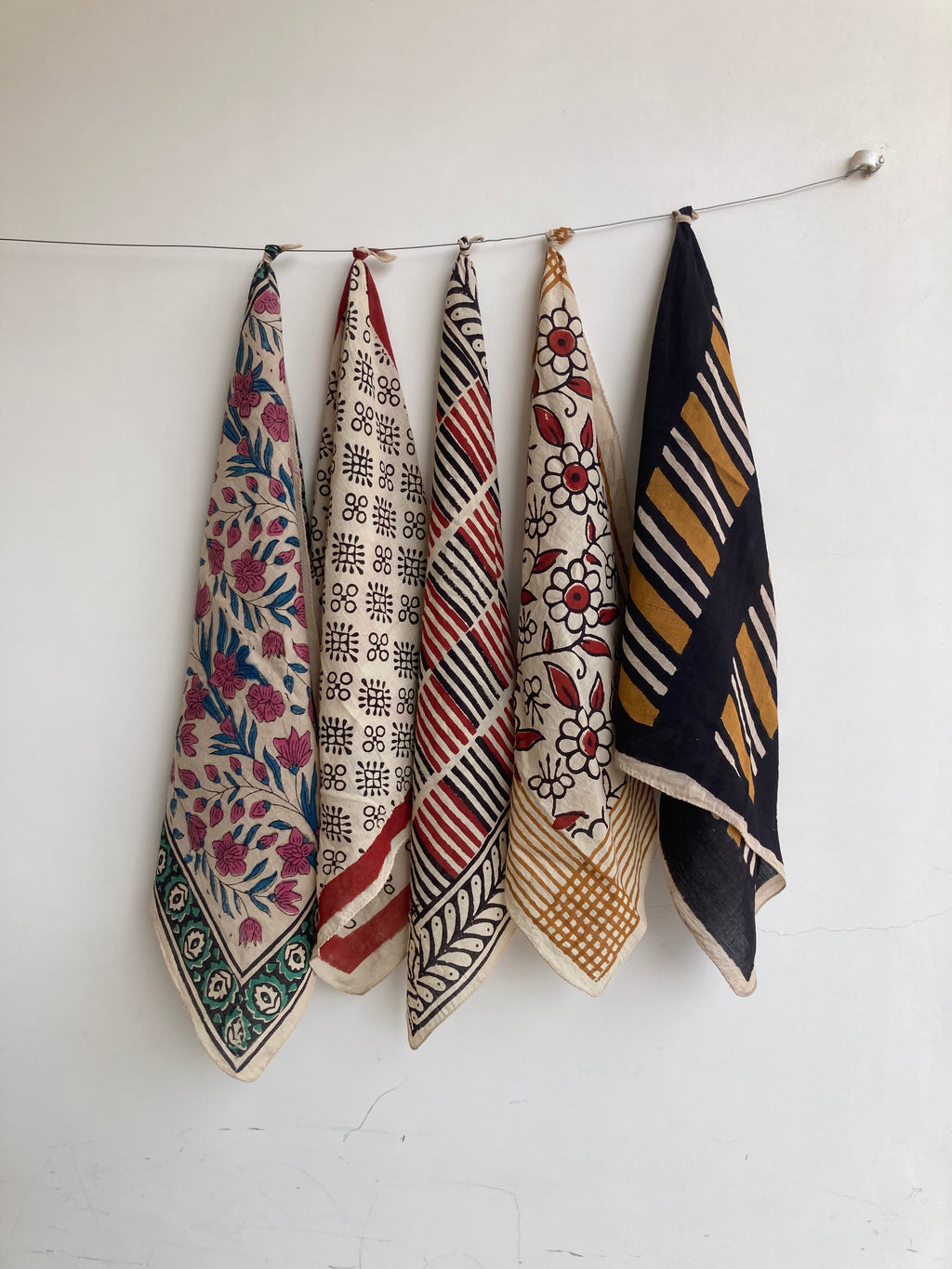A Set of 10 Assorted Hand Block Printed Bandanas: Organic Cotton Scarfs (21x21" Inch)