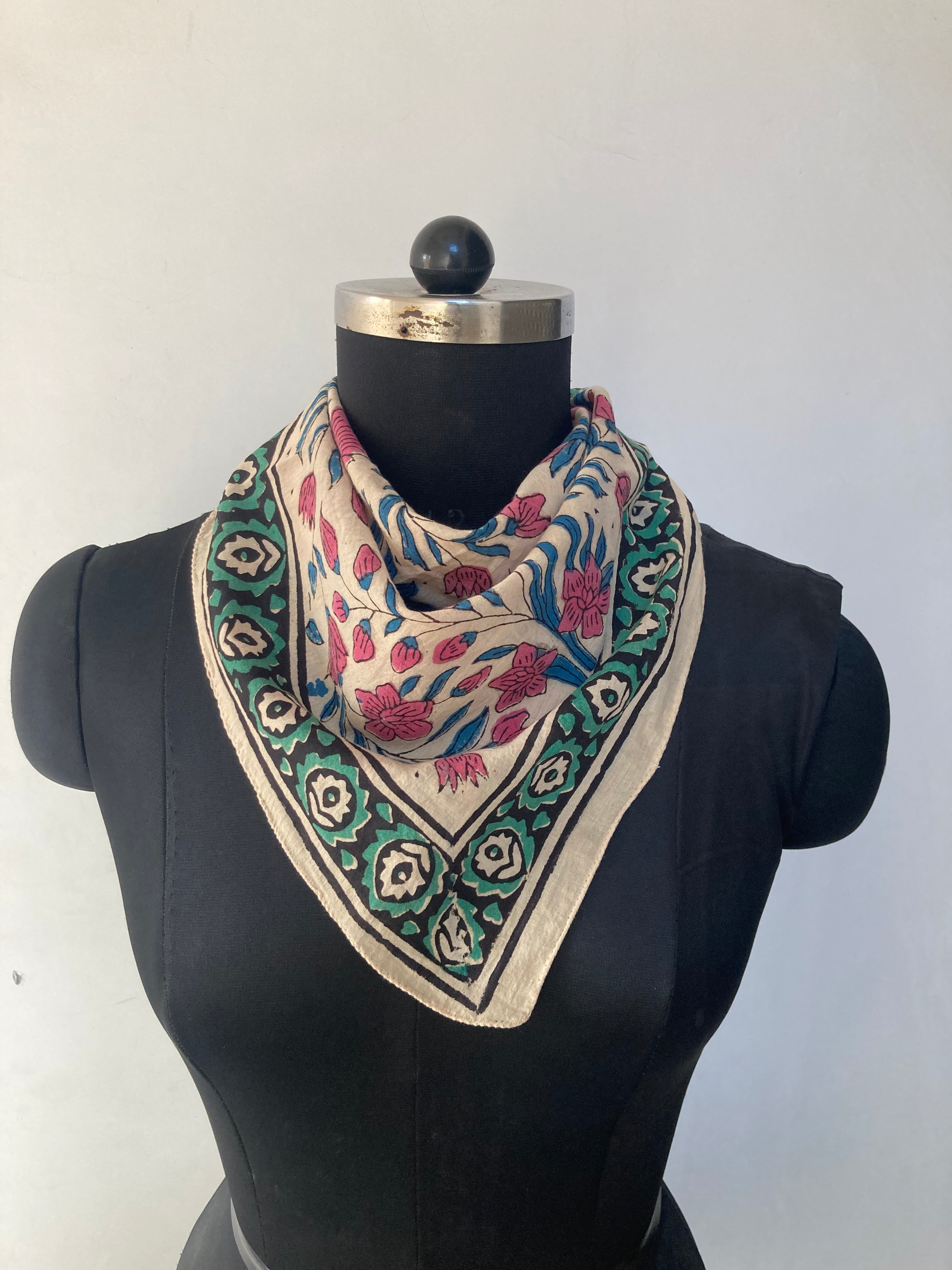 A Set of 10 Assorted Hand Block Printed Bandanas: Organic Cotton Scarfs (21x21" Inch)