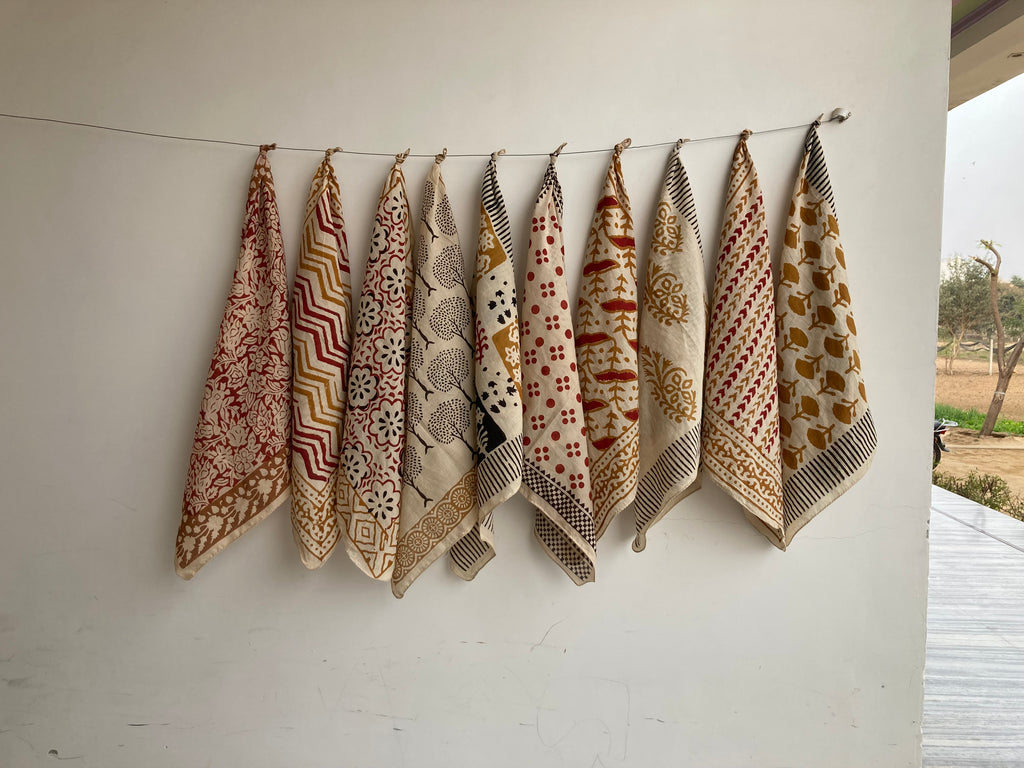 Hand Block Print Cotton Bandanas - Set of 10, Natural Dye