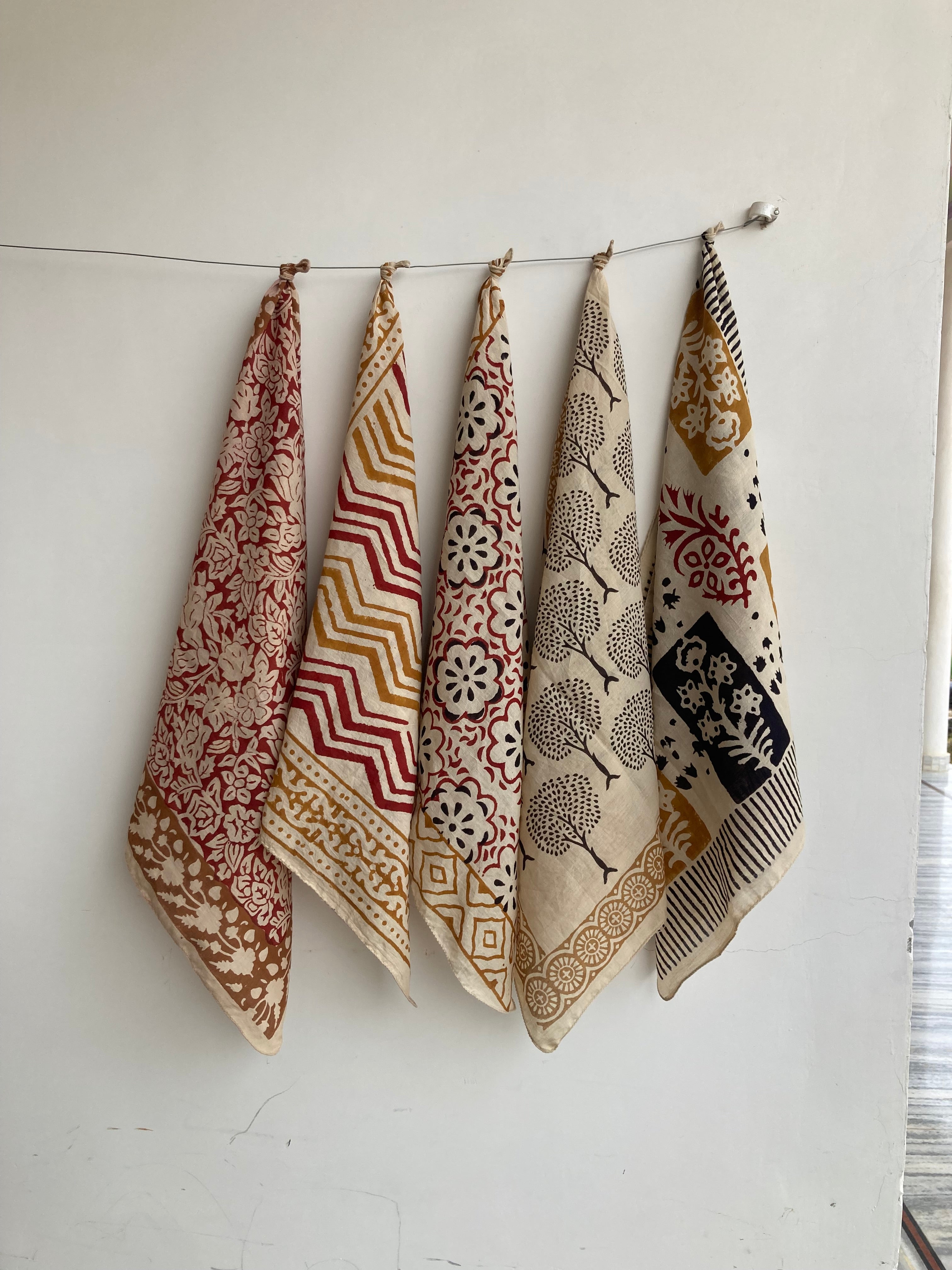 Hand Block Print Cotton Bandanas - Set of 10, Natural Dye