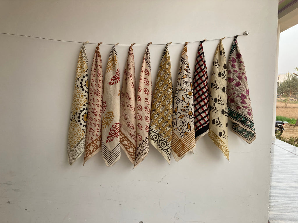Hand Block Print Cotton Bandanas - Set of 10, Natural Dye