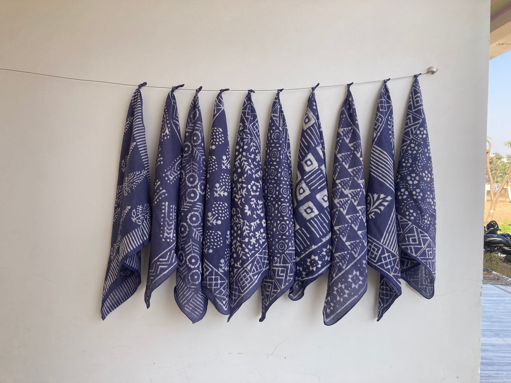 Hand Block Print Cotton Bandana Set of 10: Ethical Neckerchief, Hair Scarf