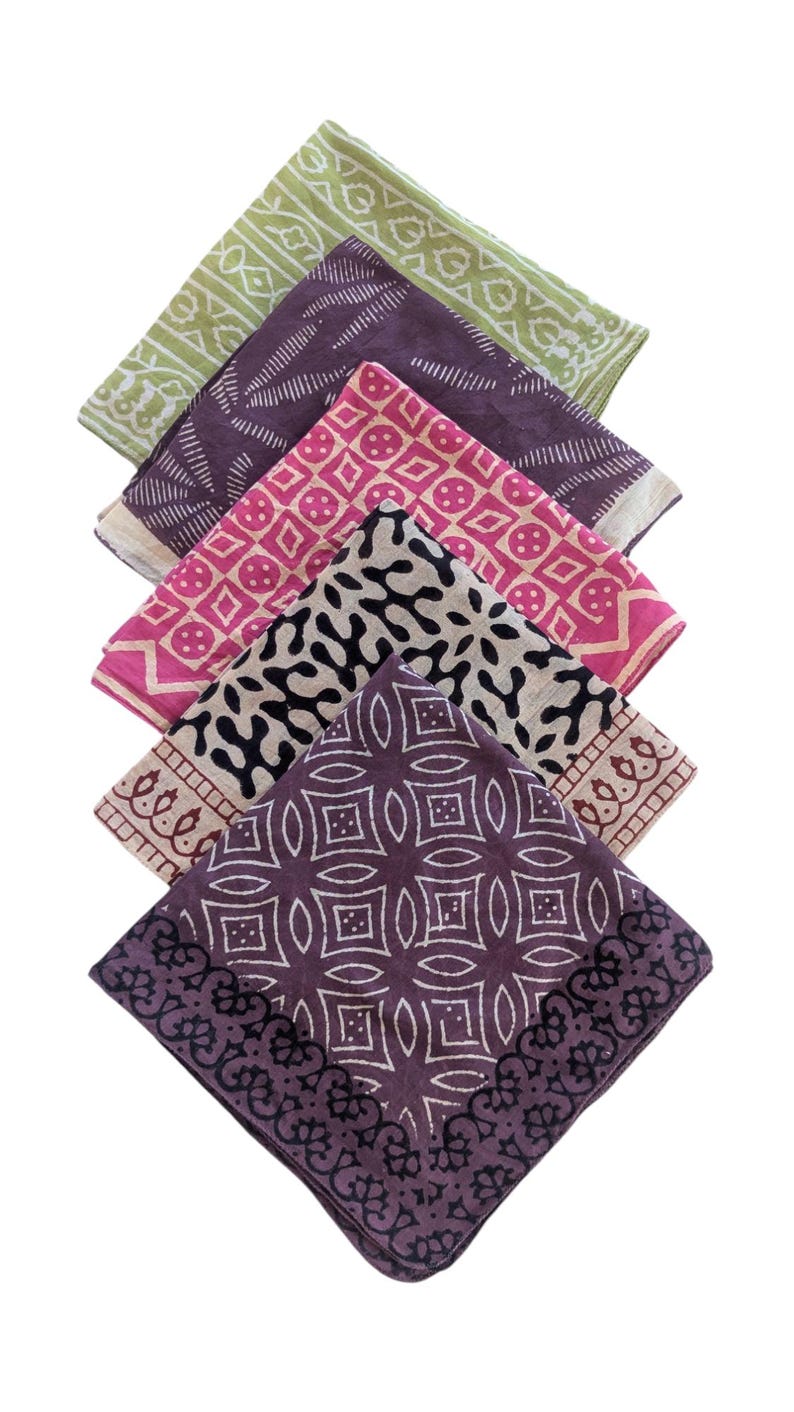 Handblock Printed Cotton Bandana Set: Bohemian Head Wrap, Natural Dye