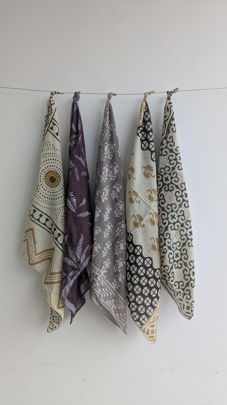 Hand Block Print Cotton Bandanas - Set of 5 - Natural Dye Scarf