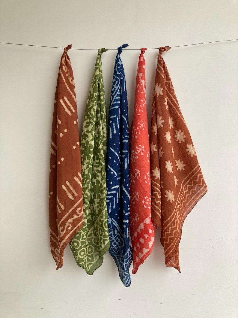 Handmade Cotton Bandana Set: Handblock Printed, Natural Dyes, Made in India