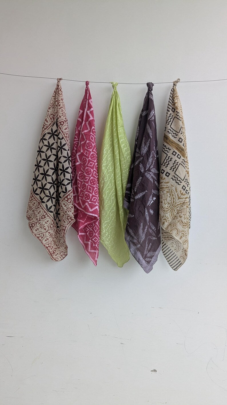 Handblock Printed Cotton Bandanas - Natural Dye, Handmade in India - Set of 10