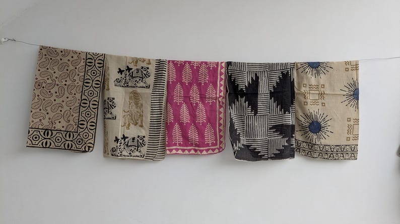 Hand Block Print Cotton Bandana Set: Indian Fabric Summer Scarf