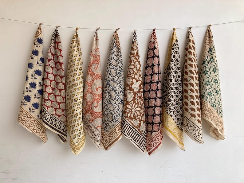 Set of 10 hand printed bandana,Neckkerchief,Handkerchief, made with natural colours gift item