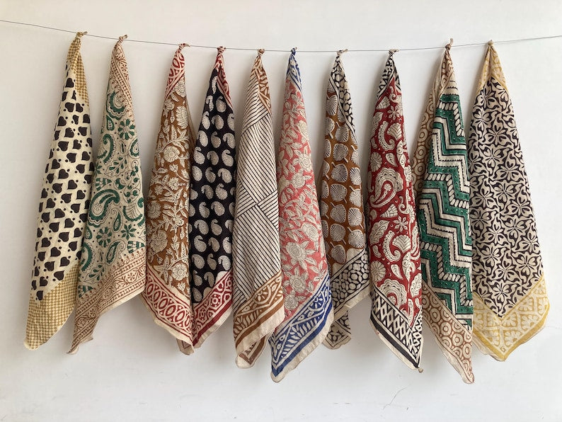 Hand Block Print Cotton Bandanas - Set of 10, Natural Dye