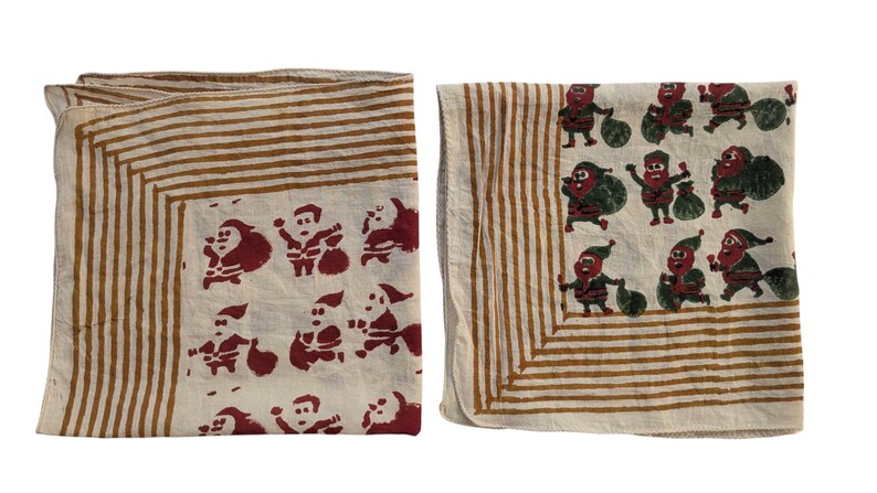 Set of 2 Red-Green Handblock Printed Christmas Bandanas, Organic Cotton Bandana Scarf