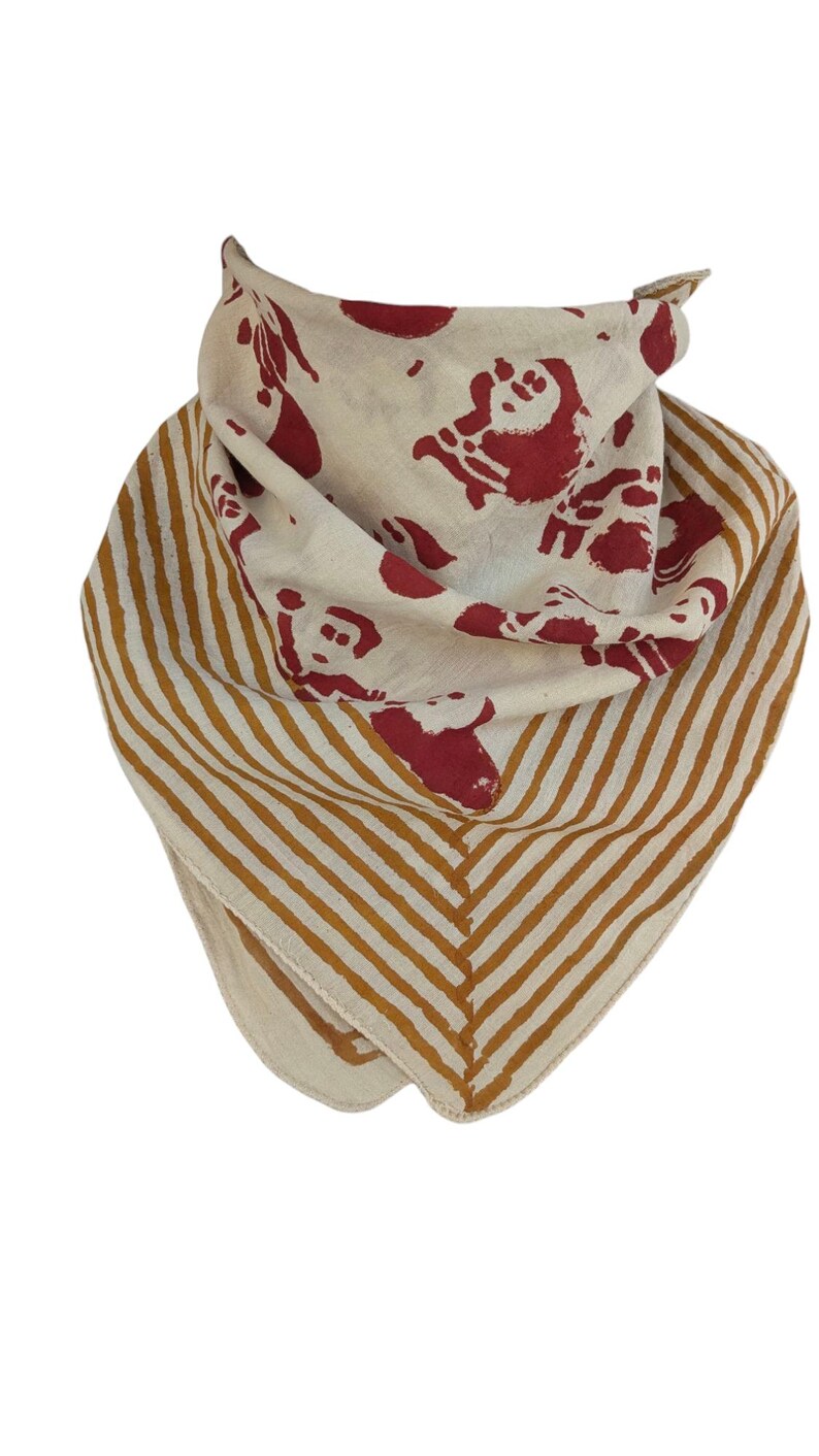 Set of 2 Red-Green Handblock Printed Christmas Bandanas, Organic Cotton Bandana Scarf