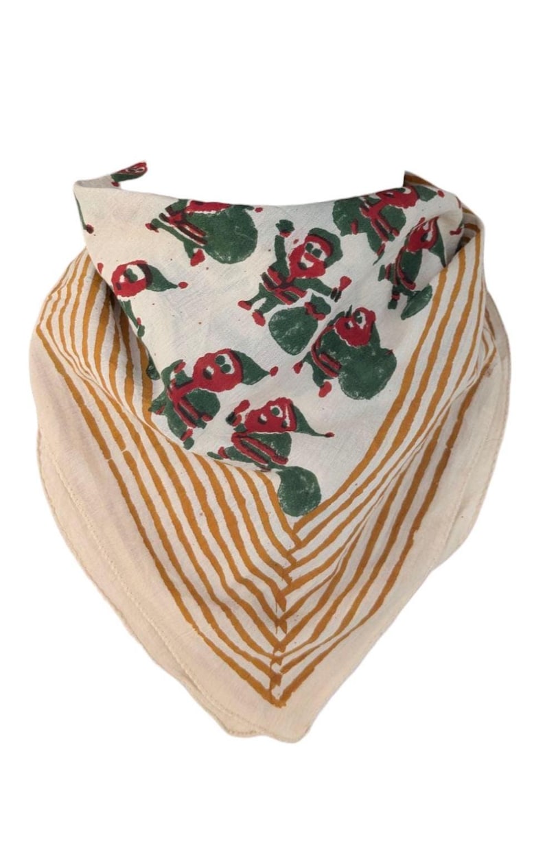 Green Handblock Printed Christmas Bandana, Organic Cotton Bandana and Scarf
