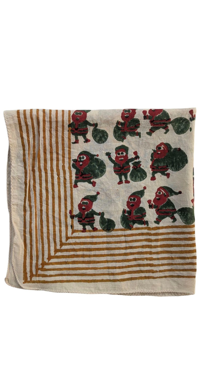Set of 2 Red-Green Handblock Printed Christmas Bandanas, Organic Cotton Bandana Scarf