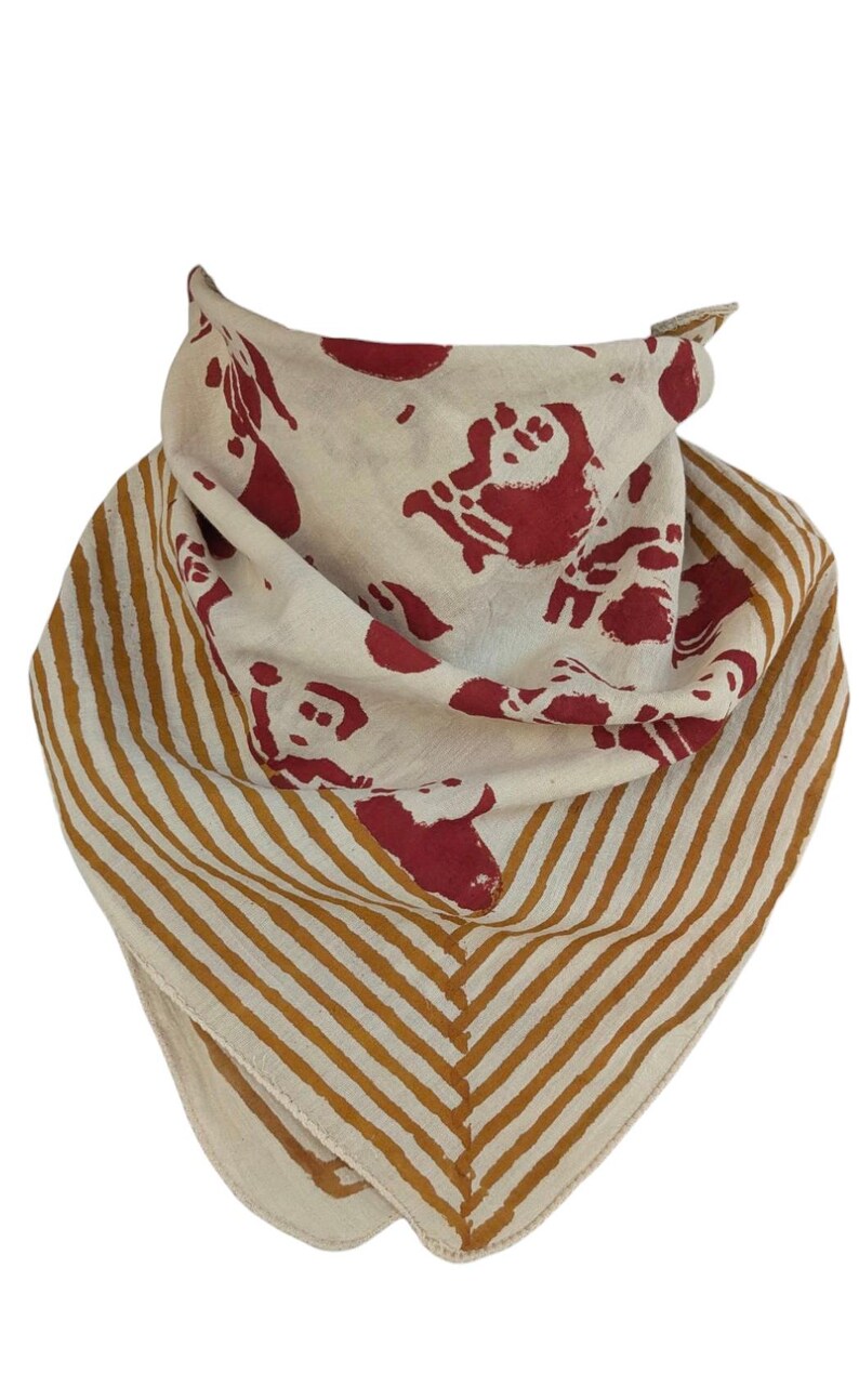 Set of 2 Red-Green Handblock Printed Christmas Bandanas, Organic Cotton Bandana Scarf