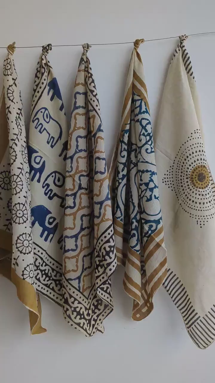 Handblock Printed Cotton Bandanas - Natural Dye, Handmade in India - Set of 10