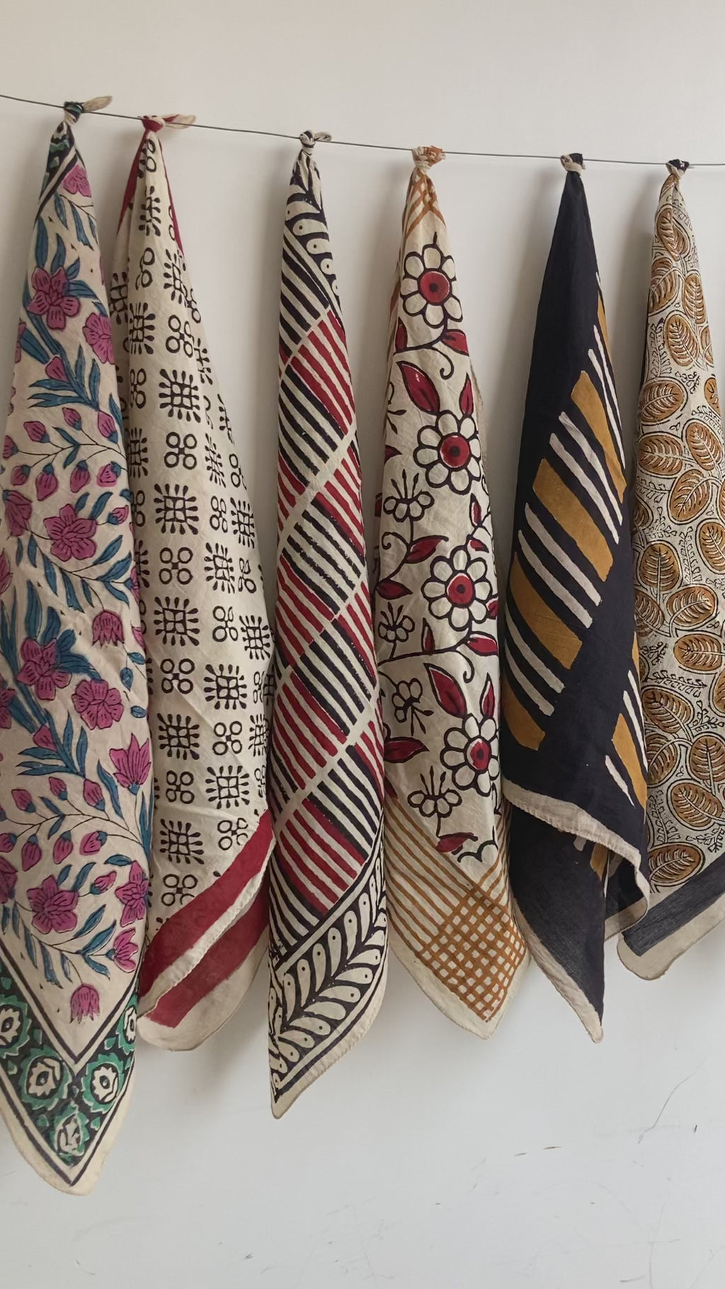 A Set of 10 Assorted Hand Block Printed Bandanas: Organic Cotton Scarfs (21x21" Inch)