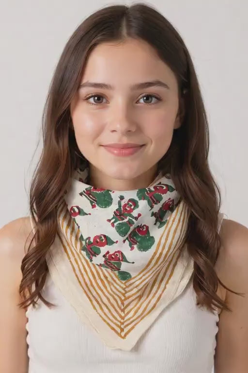 Green Handblock Printed Christmas Bandana, Organic Cotton Bandana and Scarf
